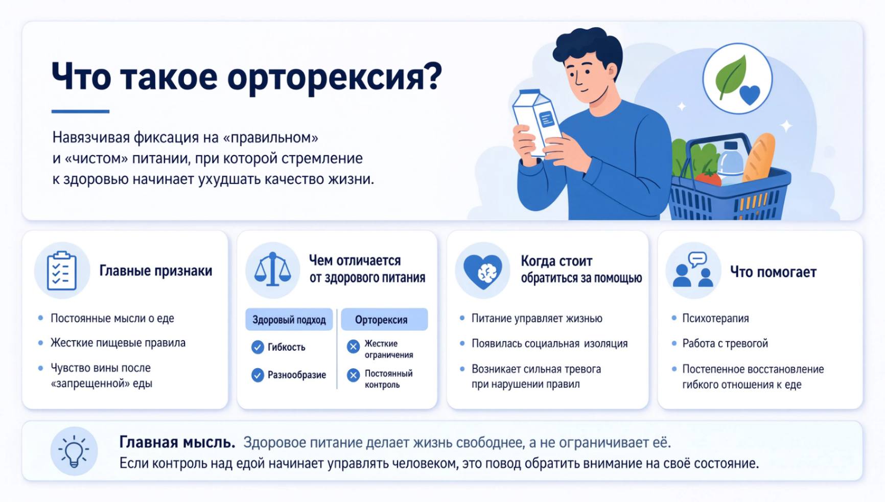 Инфографика о симптомах орторексии, причинах развития расстройства пищевого поведения и современных подходах к терапии